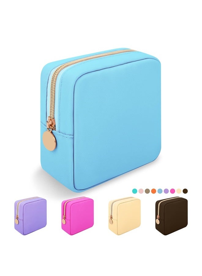 Iqimott Nylon Mini Makeup Bag, Preppy Small Cosmetic Bag Compact Make up Pouch Toiletry Bag, Waterproof Zipper Purse Travel Coin Pouch Sanitary Napkin Storage Bag for Women Girls Teens(Blue) - Image 1