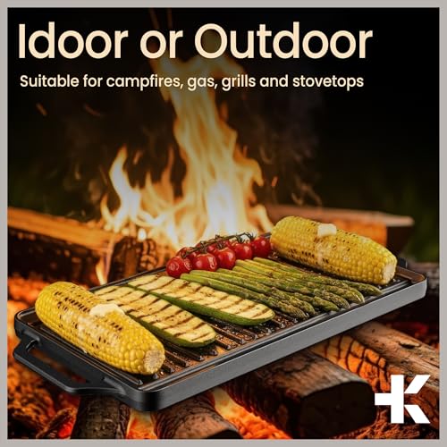BAKKENMASTER Bakken 18” Reversible Cast Iron Griddle, Flat & Grill Side, Dual Burner Cooking Plate for Pancakes, Meats & Veggies, Pre-Seasoned, Nonstick, Oven & Campfire Safe, Heavy-Duty Griddle Top with Mitt - Image 3