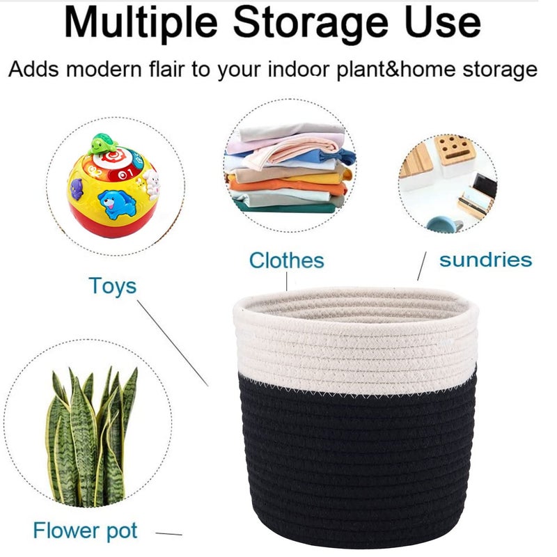 Oradrem 6.5 inch Planter Baskets for Indoor Planters Cotton Rope Flower Plant Pots Cover,Woven Storage Baskets for Crafts,Organization Modern Home Decor H6 3/4" x W6 1/2" Black&White - Image 2