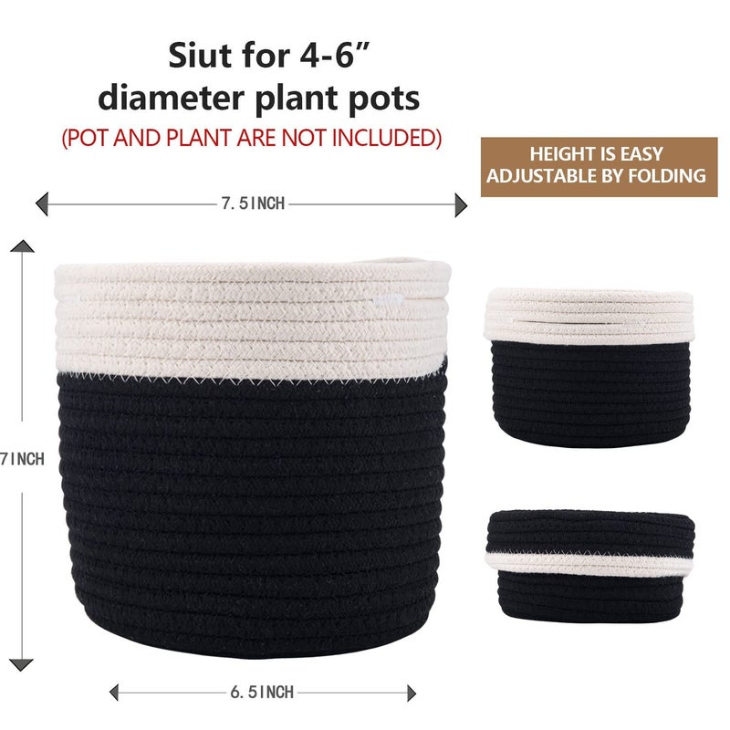 Oradrem 6.5 inch Planter Baskets for Indoor Planters Cotton Rope Flower Plant Pots Cover,Woven Storage Baskets for Crafts,Organization Modern Home Decor H6 3/4" x W6 1/2" Black&White - Image 3