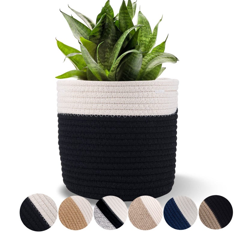 Oradrem 6.5 inch Planter Baskets for Indoor Planters Cotton Rope Flower Plant Pots Cover,Woven Storage Baskets for Crafts,Organization Modern Home Decor H6 3/4" x W6 1/2" Black&White - Image 1