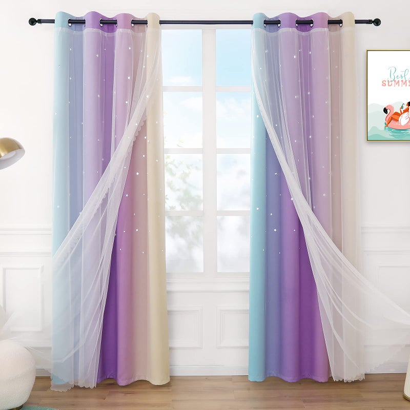 Anjee Curtains for Girls 2 in 1 Double Layer Cutout Star Light Blocking Ombre Grommets Top Drape with Lace Sheer Voile Gauze for Living Room Kids Bedroom 2 Panels 52 x 84 inch Blue Purple