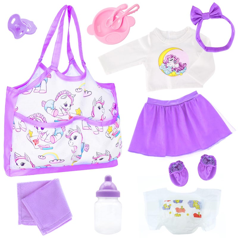 UNICORN ELEMENT Baby Doll Diaper Bag Set with 1416 Inch Doll Clothes and Accessories Included Bottles Pacifier Diaper Headband Best Gift for Kids - Image 3