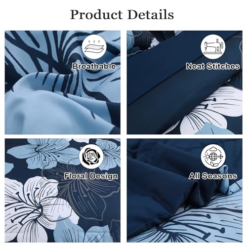 Luxudecor Navy Blue Comforter Set King Size, 7 Pieces Bed in a Bag Navy Blue Floral Comforter and Sheet Set, Soft Microfiber Complete Bedding Sets for All Seasons - Image 4