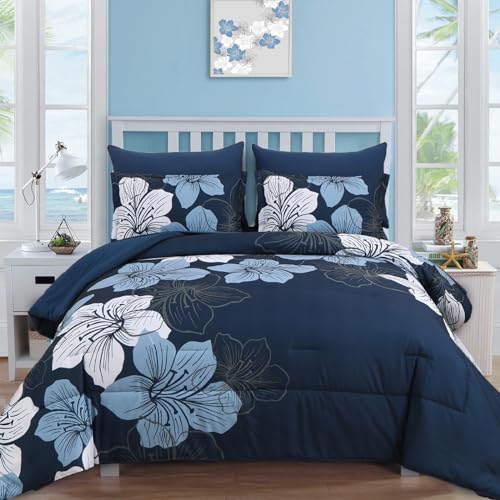 Luxudecor Navy Blue Comforter Set King Size, 7 Pieces Bed in a Bag Navy Blue Floral Comforter and Sheet Set, Soft Microfiber Complete Bedding Sets for All Seasons - Image 1