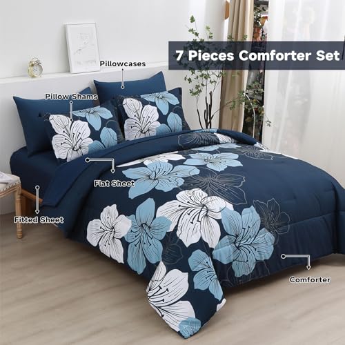 Luxudecor Navy Blue Comforter Set King Size, 7 Pieces Bed in a Bag Navy Blue Floral Comforter and Sheet Set, Soft Microfiber Complete Bedding Sets for All Seasons - Image 2