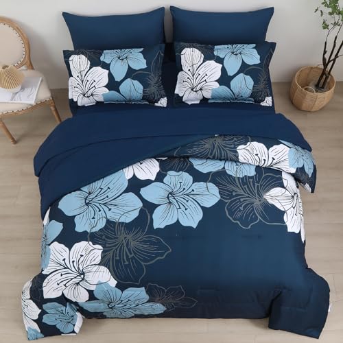 Luxudecor Navy Blue Comforter Set King Size, 7 Pieces Bed in a Bag Navy Blue Floral Comforter and Sheet Set, Soft Microfiber Complete Bedding Sets for All Seasons - Image 3