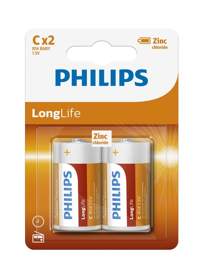 2-Piece LongLife C R14 Zinch Chloride Batteries White/Red/Orange
