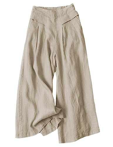 SCUSTY Linen Pants for Women Culottes Capris Wide Leg Palazzo Boho Pants Trousers(LightKhaki-S) - Image 1