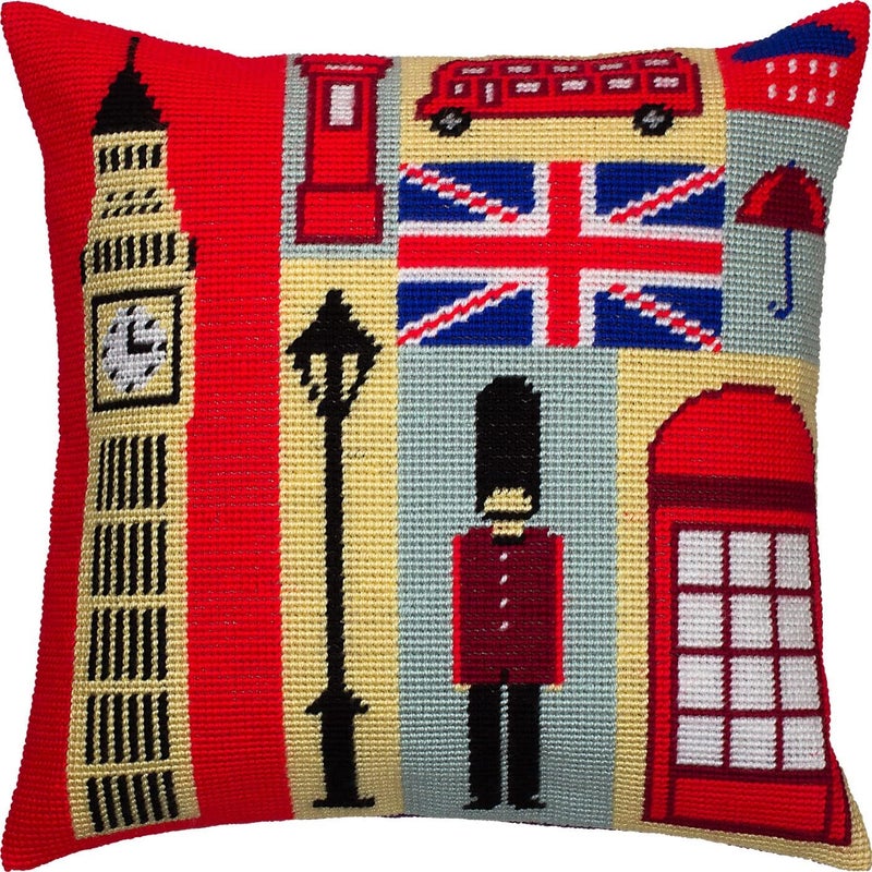 Brvsk Needlepoint Kit for Adults and Beginners — London Souvenirs 16″ × 16″ with Clear, Precise Printed Design on Cotton Canvas; Includes 2 Needles, Yarn, and Easy-Read Chart - Image 1