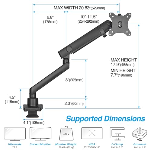 AVLT Single 17"-38" Monitor Arm Desk Top Mount Premium Mechanical Spring Fits Up to 26.4lbs (12kg) Flat/Curved/Ultrawide Monitor Full Motion Height Swivel Tilt Rotation Adjustable, Black - Image 3