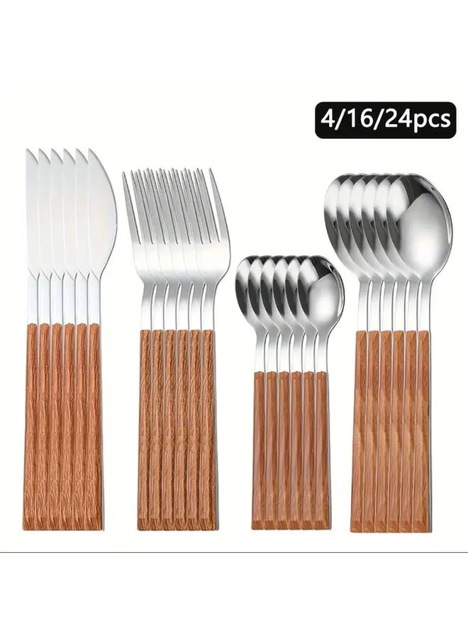 24 Piece Stainless Steel Cutlery Set Silverware With Plastic Wood Grain Handles Knife Fork Spoon For Home Restaurant Hotel Everyday Use - Image 1