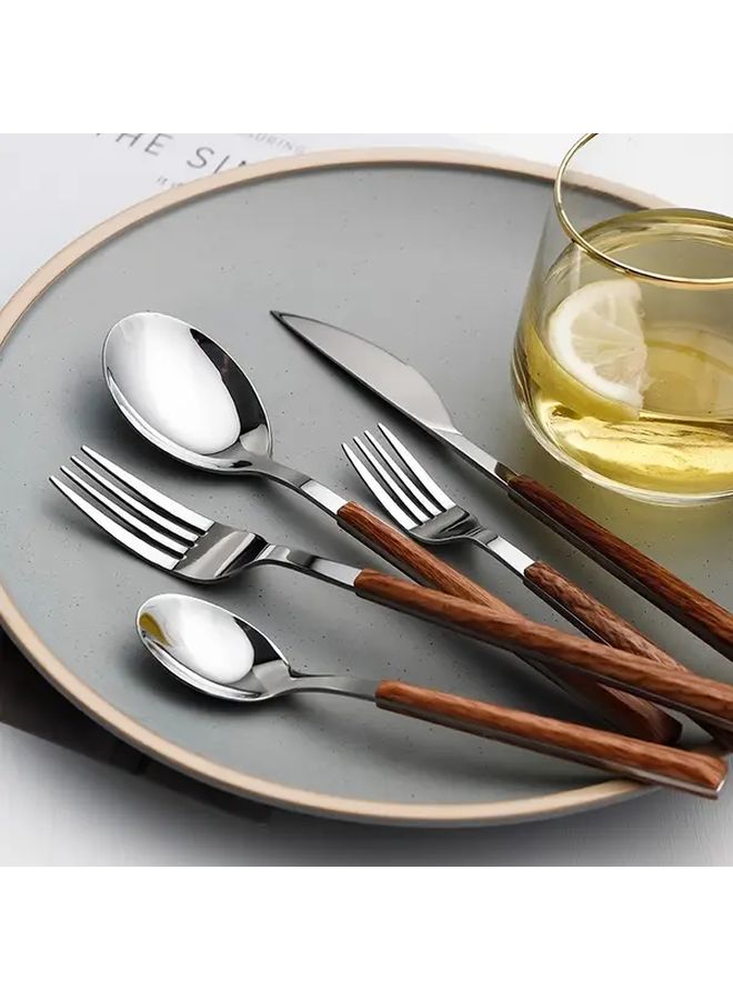 24 Piece Stainless Steel Cutlery Set Silverware With Plastic Wood Grain Handles Knife Fork Spoon For Home Restaurant Hotel Everyday Use - Image 2