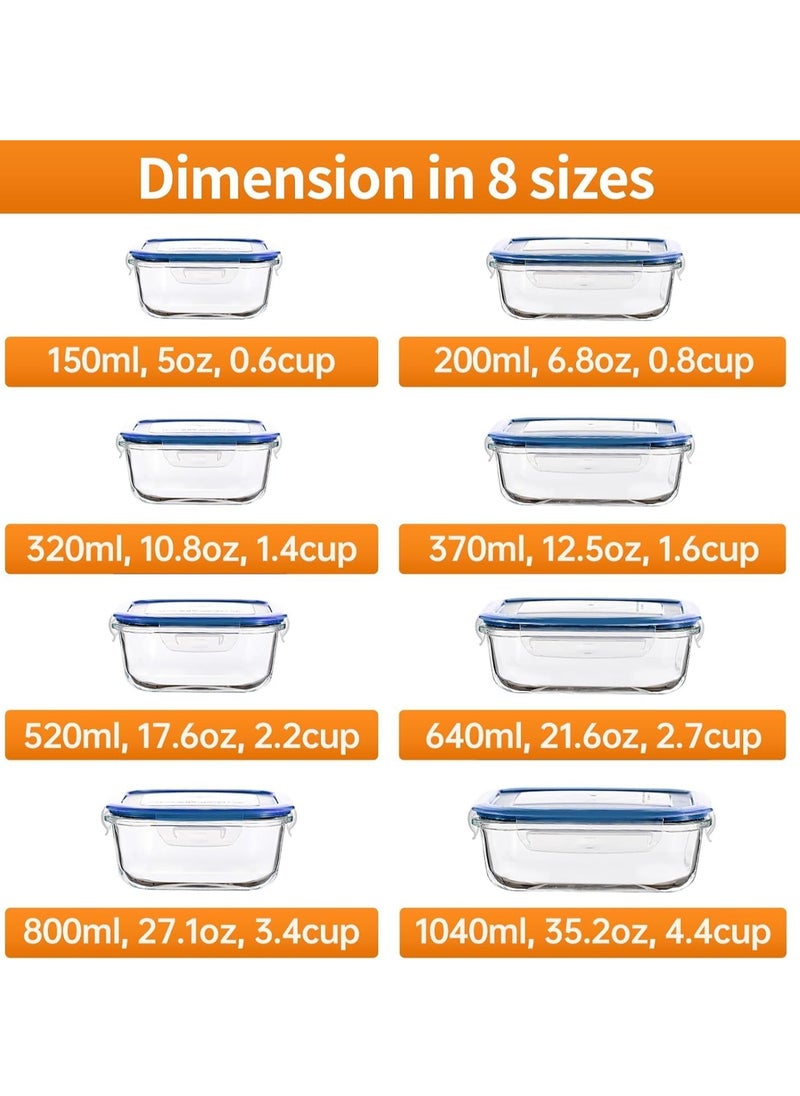 TYCOM Glass Meal Prep Containers 8 Pieces Mixed Glass Food Storage Containers with Lids Glass Lunch Box Portion Control Airtight Glass Bento Box Lunch Containers Set of 8 Blue  - Image 5