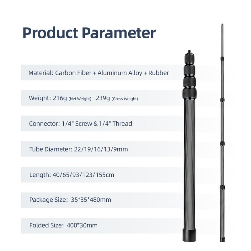Handheld Microphone Boom Arm 5-Section Extendable Mic Arm Carbon Fiber Boom Pole for Microphones 1/4 Inch Screw & Thread with Foam   Grip Twist Locks Max. Length 155cm/61in - Image 2