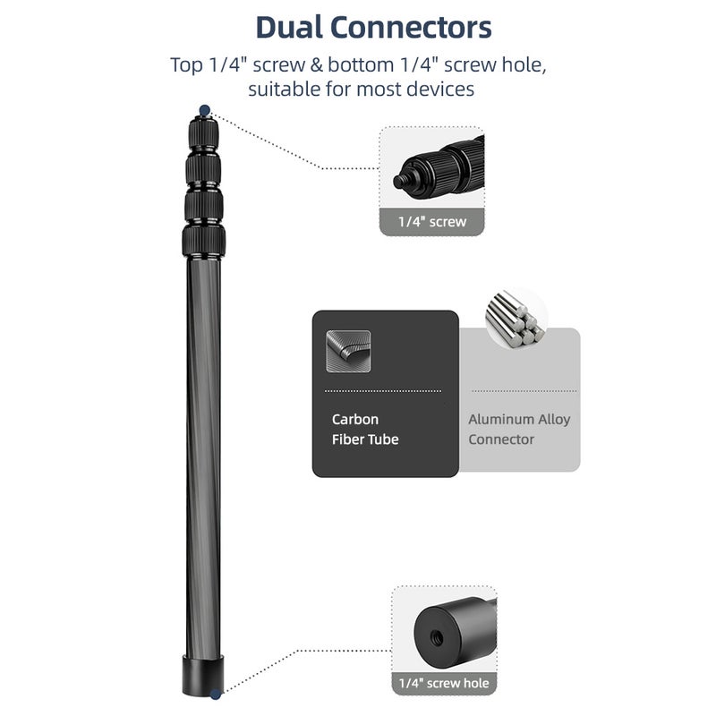 Handheld Microphone Boom Arm 5-Section Extendable Mic Arm Carbon Fiber Boom Pole for Microphones 1/4 Inch Screw & Thread with Foam   Grip Twist Locks Max. Length 155cm/61in - Image 5