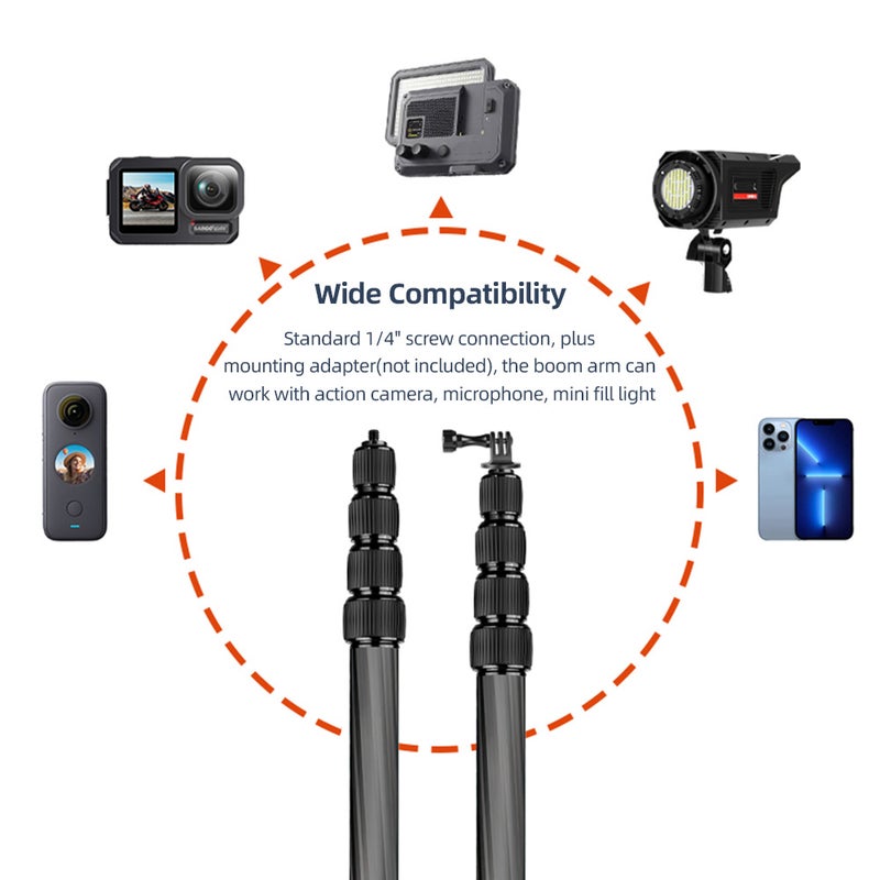 Handheld Microphone Boom Arm 5-Section Extendable Mic Arm Carbon Fiber Boom Pole for Microphones 1/4 Inch Screw & Thread with Foam   Grip Twist Locks Max. Length 155cm/61in - Image 3