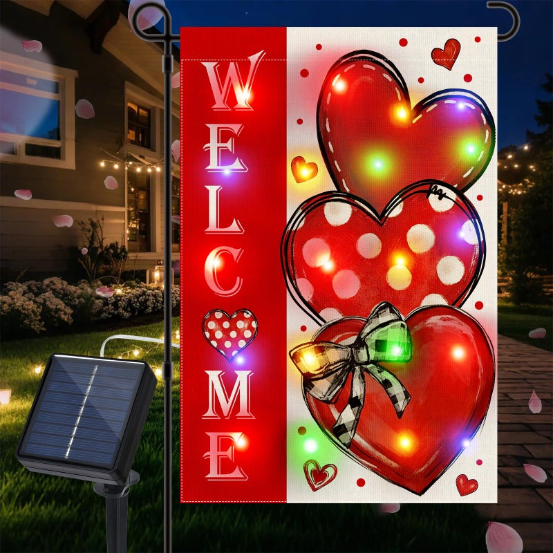 Gosuoa Led Lighted Valentine Garden Flag, 12x18 in Double Sided Hearts Valentine Yard Flag, Solar Valentines Day Decorations Outdoor for Patio Lawn, Home Porch - Image 1