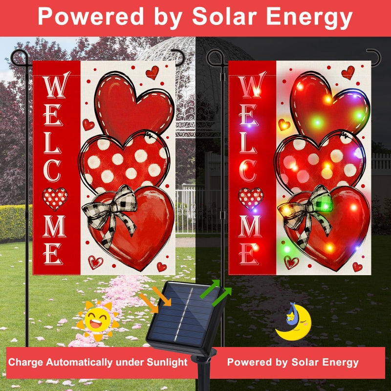 Gosuoa Led Lighted Valentine Garden Flag, 12x18 in Double Sided Hearts Valentine Yard Flag, Solar Valentines Day Decorations Outdoor for Patio Lawn, Home Porch - Image 2