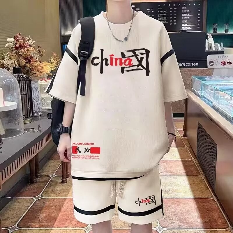 Summer New Original Cloth Tie Rod Two-piece Set Short-sleeved Sports Leisure suit Mens Loose plus size High-grade Handsome Fashionable Brand Apricot - Image 1