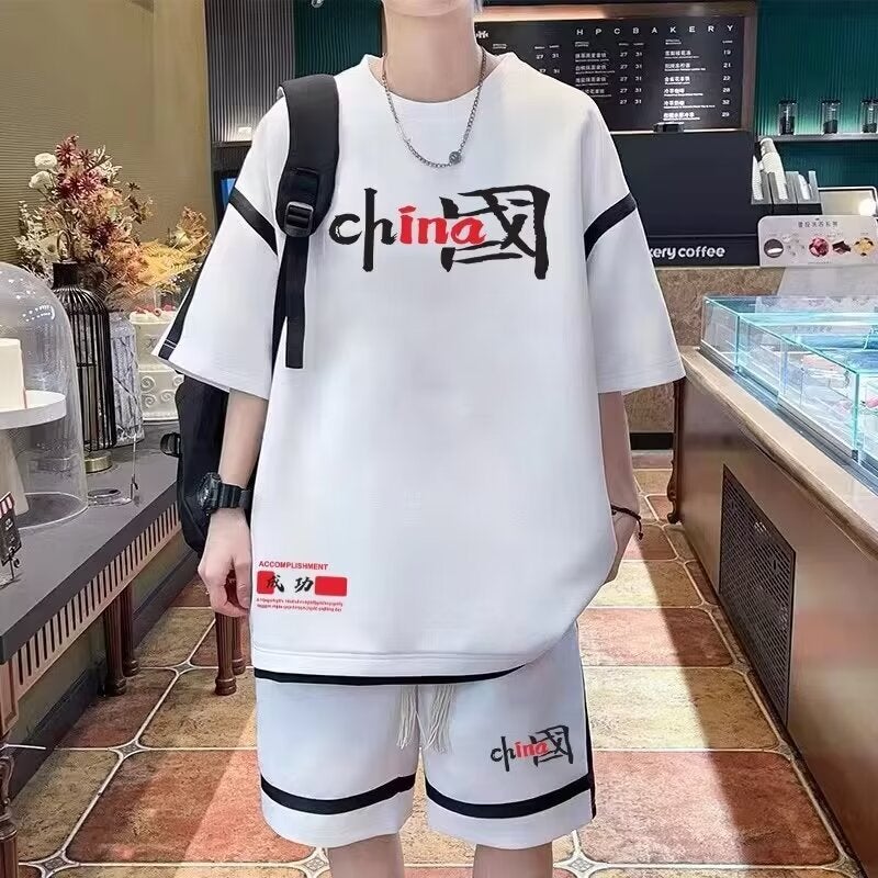 Summer New Original Cloth Tie Rod Two-piece Set Short-sleeved Sports Leisure suit Mens Loose plus size High-grade Handsome Fashionable Brand Apricot - Image 2