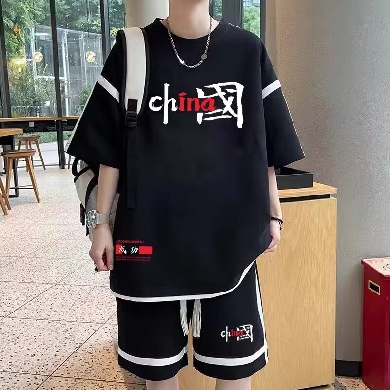 Summer New Original Cloth Tie Rod Two-piece Set Short-sleeved Sports Leisure suit Mens Loose plus size High-grade Handsome Fashionable Brand Apricot - Image 3