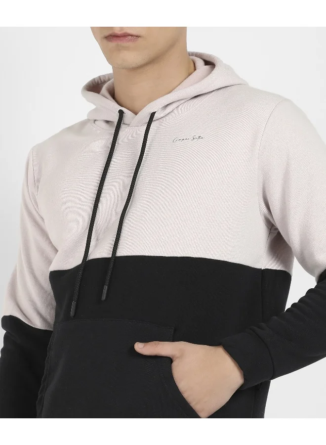 Campus Sutra Men's Light Grey & Black Colourblocked Hoodie With Kangaroo Pockets