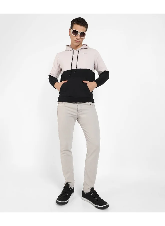 Campus Sutra Men's Light Grey & Black Colourblocked Hoodie With Kangaroo Pockets