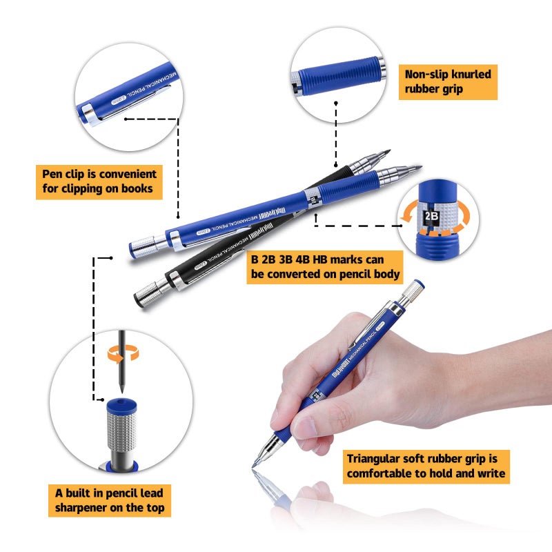 MyLifeUNIT 22 Pcs 2.0 mm Mechanical Pencils Set, 8 Pcs Lead Pencils with 10 Case Lead Refills 2B, HB Black & Colors, 2 Pcs Erasers and 2 Pcs Sharpeners for Drawing, Sketching and Drafting - Image 4