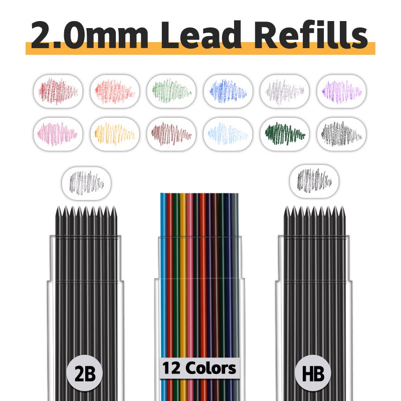MyLifeUNIT 22 Pcs 2.0 mm Mechanical Pencils Set, 8 Pcs Lead Pencils with 10 Case Lead Refills 2B, HB Black & Colors, 2 Pcs Erasers and 2 Pcs Sharpeners for Drawing, Sketching and Drafting - Image 5