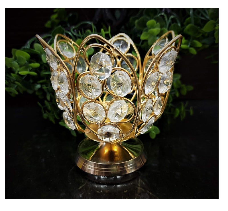 Lotus Crystal Diya for puja Decorative Brass Diamond Crystal Oil lamp height10 Cm Flower Shape
