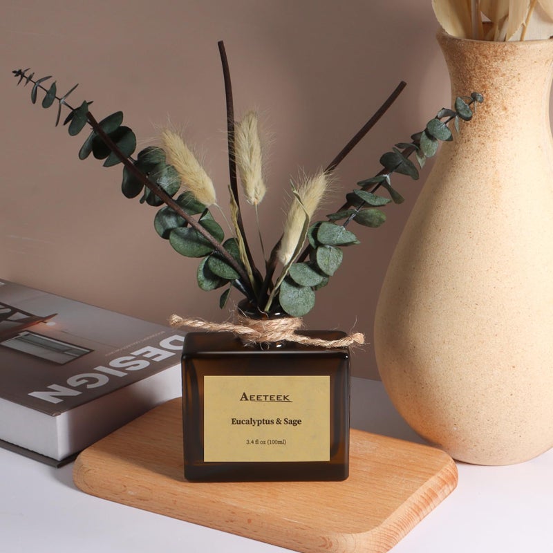 Aeeteek Reed Diffuser, Sage & Eucalyptus Essential Oil Diffuser for Bathroom, 3.4 oz Scented Diffusers, Long-Lasting Fragrance for Home Decor with Dried Flowers - Image 2