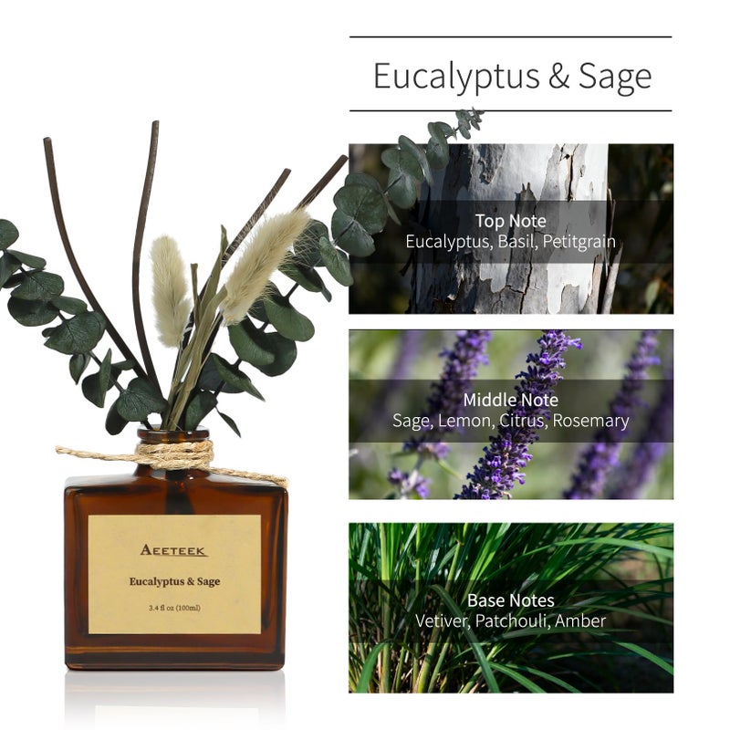 Aeeteek Reed Diffuser, Sage & Eucalyptus Essential Oil Diffuser for Bathroom, 3.4 oz Scented Diffusers, Long-Lasting Fragrance for Home Decor with Dried Flowers - Image 3