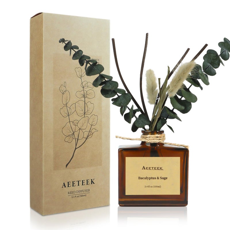 Aeeteek Reed Diffuser, Sage & Eucalyptus Essential Oil Diffuser for Bathroom, 3.4 oz Scented Diffusers, Long-Lasting Fragrance for Home Decor with Dried Flowers - Image 1