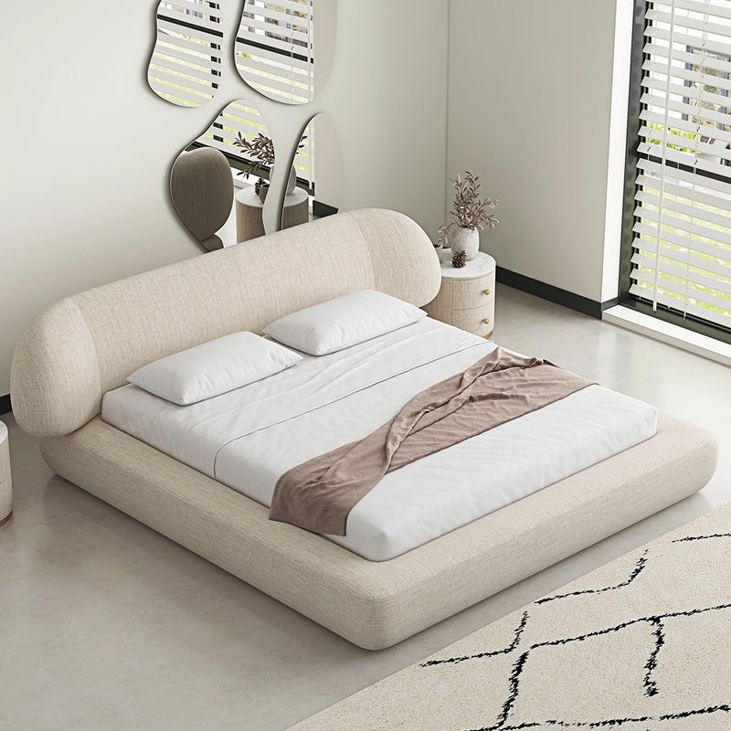 الزخارف للمفروشات سرير سوني عصري بتنجيد قماش كتان مع لوح رأس منحني ومبطن، تصميم منخفض فاخر لغرفة النوم – لون كريمي بيج، مقاس كوين 160×200 سم - Image 2