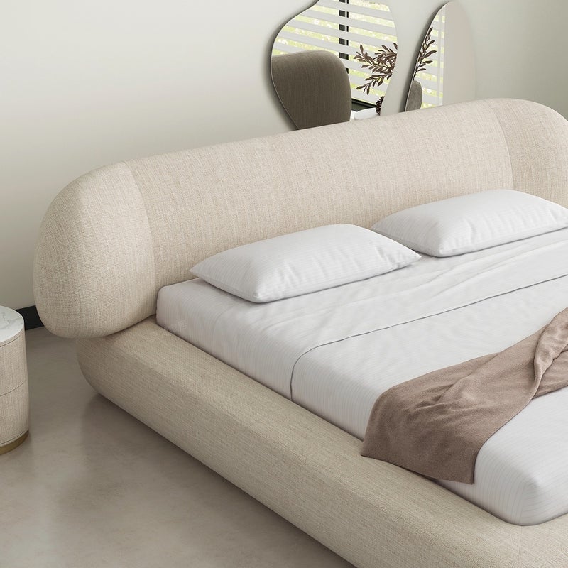 الزخارف للمفروشات سرير سوني عصري بتنجيد قماش كتان مع لوح رأس منحني ومبطن، تصميم منخفض فاخر لغرفة النوم – لون كريمي بيج، مقاس كوين 160×200 سم - Image 3