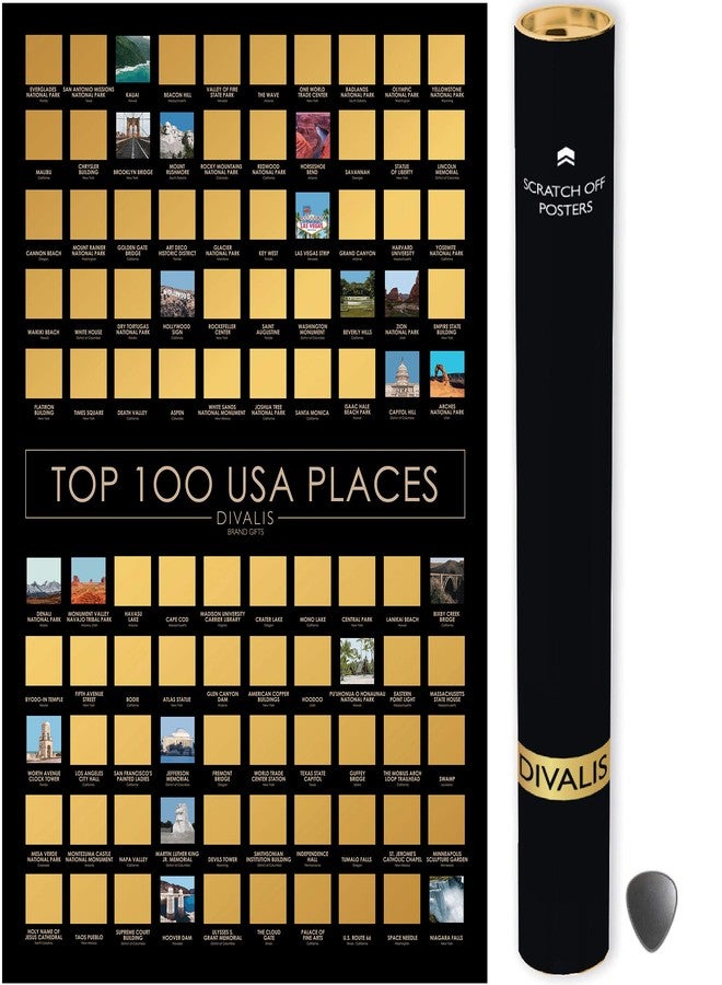 Divalis Top 100 US Places Scratch Off Poster – Large Scratchable Poster of the Best Travel Destinations of the United States - Chart to Mark US Places Visited - Image 1