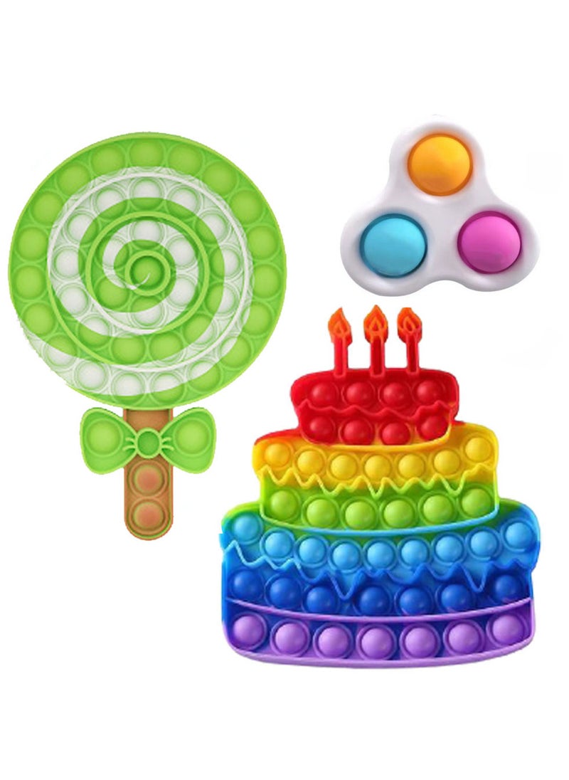 NQOOH - Three-Piece Pop It Fidget Toy Set Cake Lollipop and Simple Dimple Shapes Sensory Bubble Popping Toy for Stress Relief - Image 1