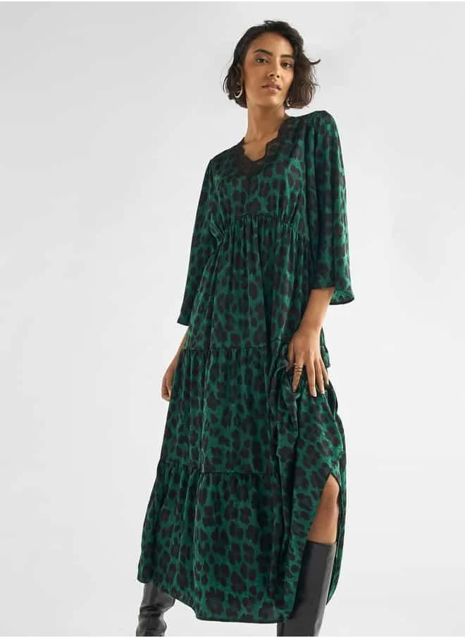 FAV Animal Print Midi Dress with Lace Detail and 3/4 Sleeves