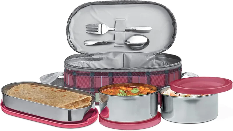Milton Milton Corporate Lunch Stainless Steel Containers, Set of 3, (280 ml, 280 ml, 472 ml), Maroon | Light Weight | Odour Proof | Leak Proof