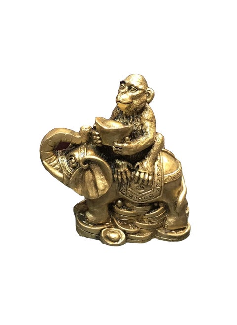 Ryme Resin Feng Shui Monkey Sitting on Elephant with Trunk up for Good LuckSuccess Golden Standard