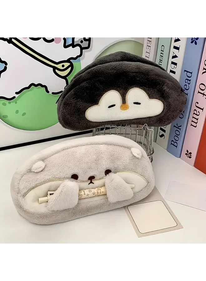 Student Otter Pencil Case 3 Pieces Large Capacity Soft Plush Animal Pen Holder With Durable Zipper Beige Brown Cute Supply Organizer For School Office - Image 1
