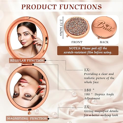 Barydat مجموعة هدايا وصيفات العروس 10 قطع مع مرآة مكبرة مدمجة للعرائس فريق "أقول نعم" هدايا اقتراح وصيفات السفر مرآة صغيرة لحقيبة المكياج مرآة جيب للنساء حفلة الزفاف، ذهب وردي - Image 3