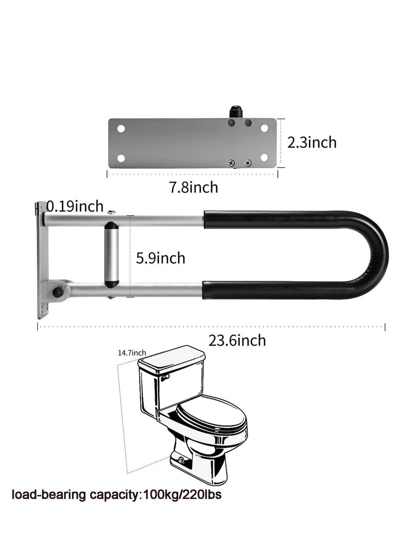 والالا قضيب إمساك المرحاض مقاس 24 بوصة قابل للطي من سبائك الألومنيوم بسعة تحميل 100 كجم/220 رطلًا، قضبان إمساك للمعاقين وقضبان إمساك للحمام على شكل حرف U وآمنة على الحائط للمرضى، أسود - Image 2