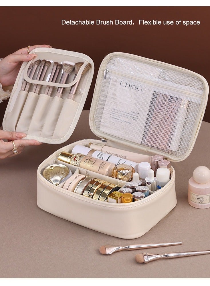 PU Leather Cosmetic Bag with Zipper, Waterproof Portable Travel Storage Bag, Large Capacity Handheld Travel Cosmetic Bag with Compartments for Girls and Women - Image 2