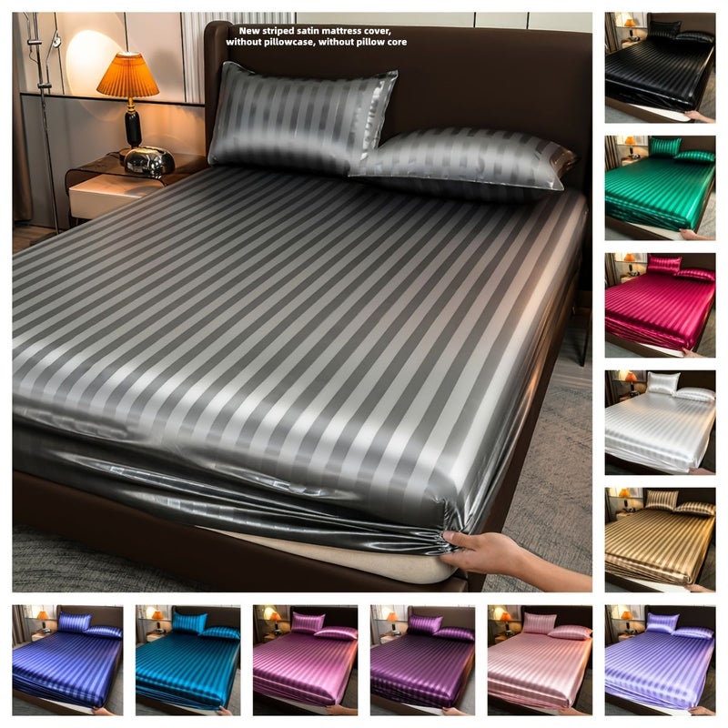 1pc Satin Striped Fitted Mattress Cover Queen Size Red Bean Paste Soft Breathable Deep Pocket Bed Cover For Home Dormitory Hotel Use - Image 2