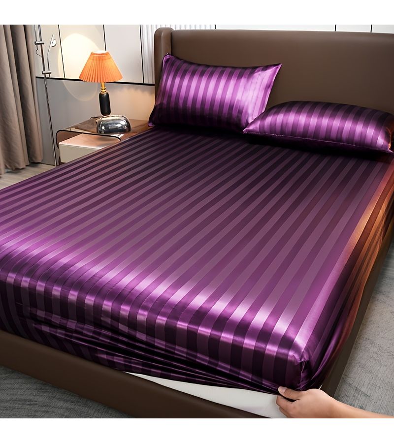 1pc Satin Striped Fitted Mattress Cover Queen Size Red Bean Paste Soft Breathable Deep Pocket Bed Cover For Home Dormitory Hotel Use - Image 1