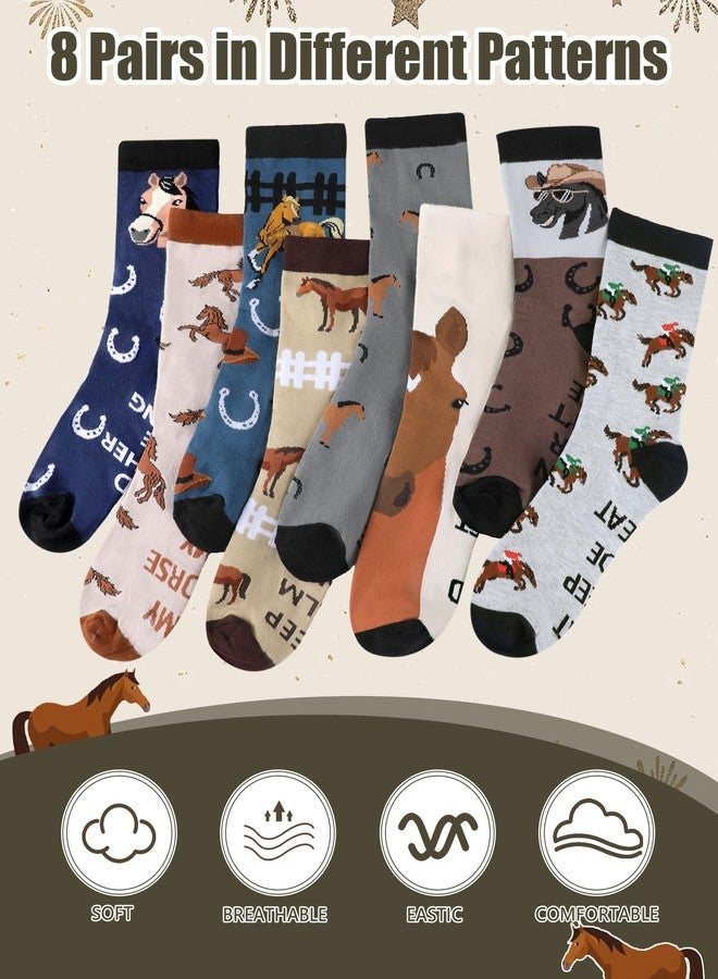 Shyyween 8 Pairs Funny Horse Socks for Men Riding Novelty Equestrian Crew Dress Socks Western Cowboy Riding Gift for Horse Lovers Equestrians Derby Holiday Party Favors - Image 4