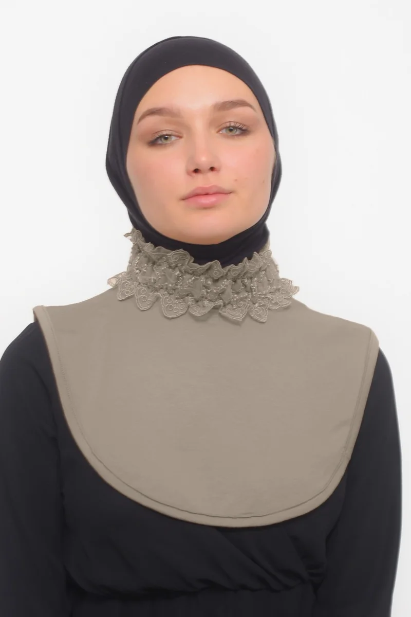 التوبة Women's Lace, Frilly, Elastic Gathered Turtleneck, Turtleneck Hijab Neck Collar - Light Mink