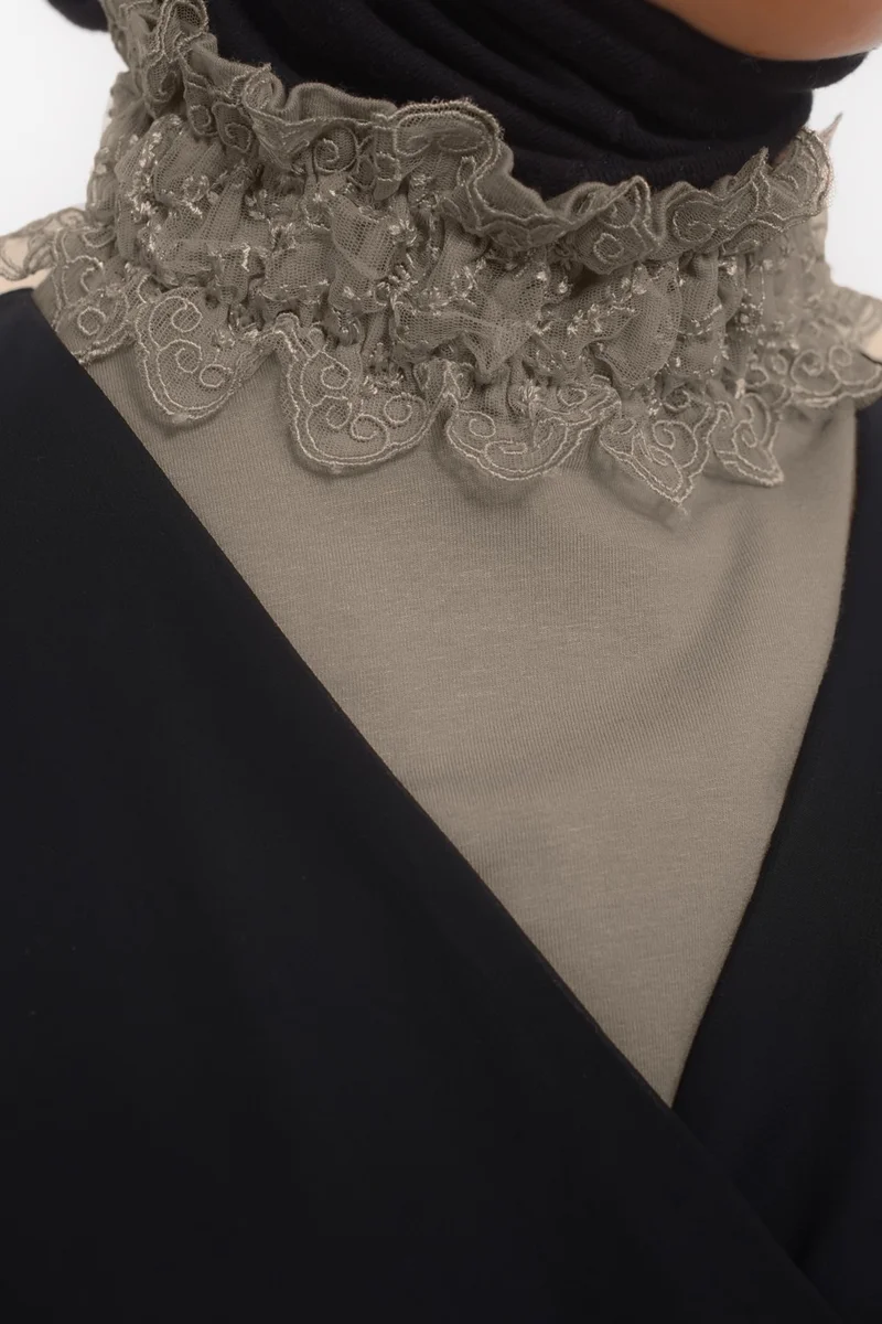 التوبة Women's Lace, Frilly, Elastic Gathered Turtleneck, Turtleneck Hijab Neck Collar - Light Mink